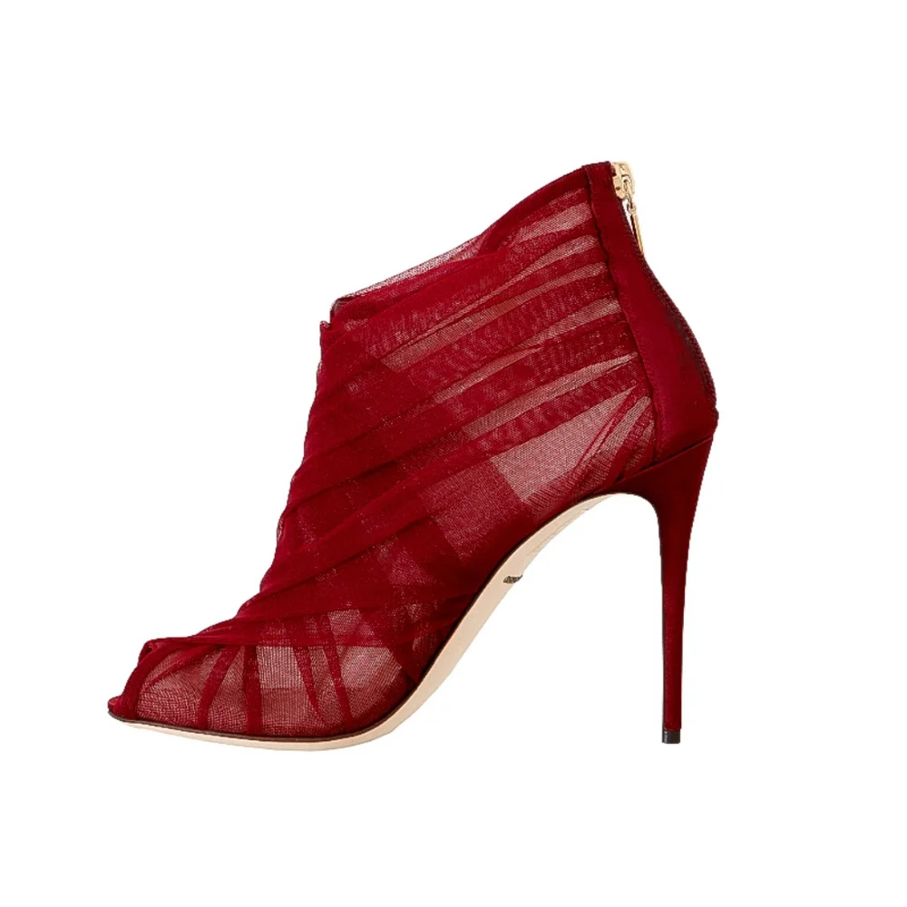 DOLCE & GABANNA 💎 Red Tulle Open-Toe High-Heels Designer Booties Shoes EU 38.5 - Picture 3 of 6
